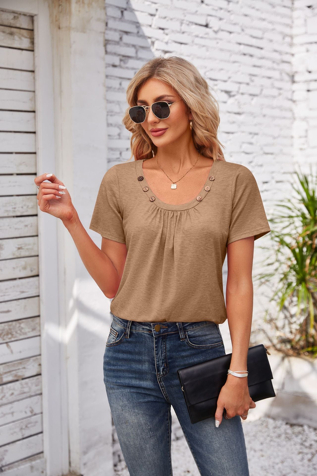 T-shirt Summer Button Square Collar Pleated Design Solid Color