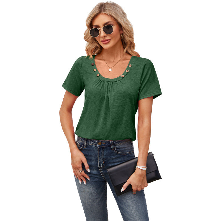 T-shirt Summer Button Square Collar Pleated Design Solid Color