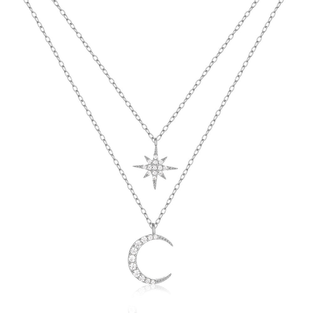925 Sterling Silver Twin Diamond Star And Moon Necklace Women,s