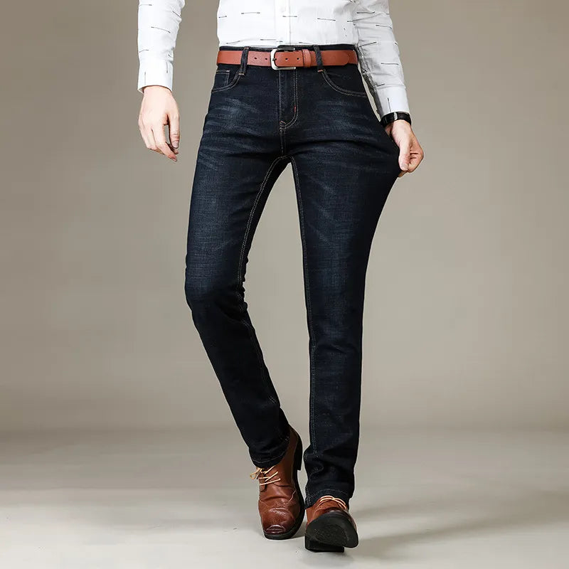Classic Stretch Jeans Business Casual Cotton Denim Straight Leg Pants Male Black Blue