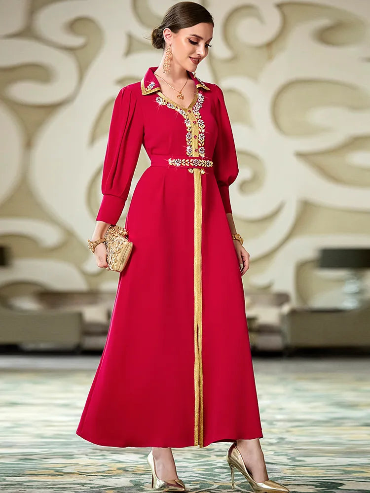 Eid Party Dress Women Lapel Abaya Ramadan Moroccan Kaftan Dubai Luxurious Beads