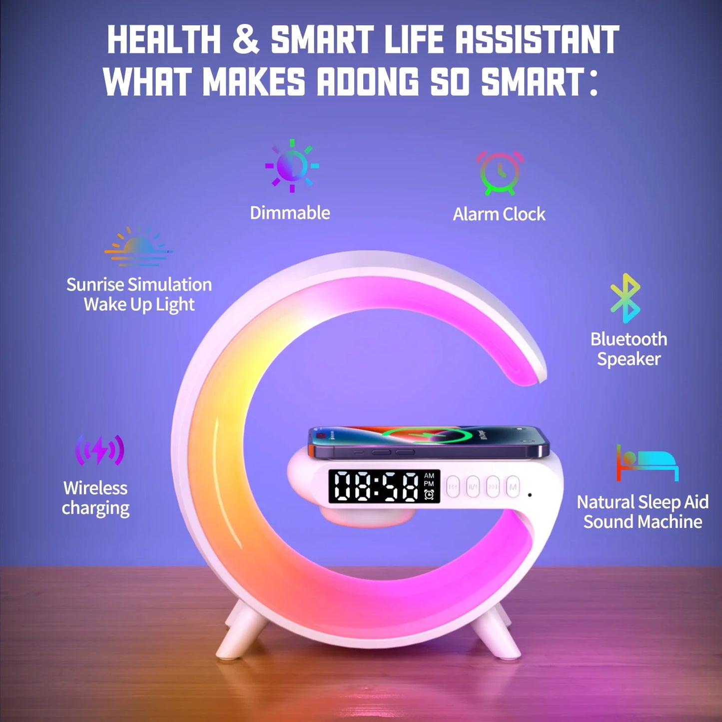Multifunction 15W Wireless Charger Stand Pad RGB Light Alarm Clock Speaker For iPhone 15 14 13 12 Samsung Fast Charging Station