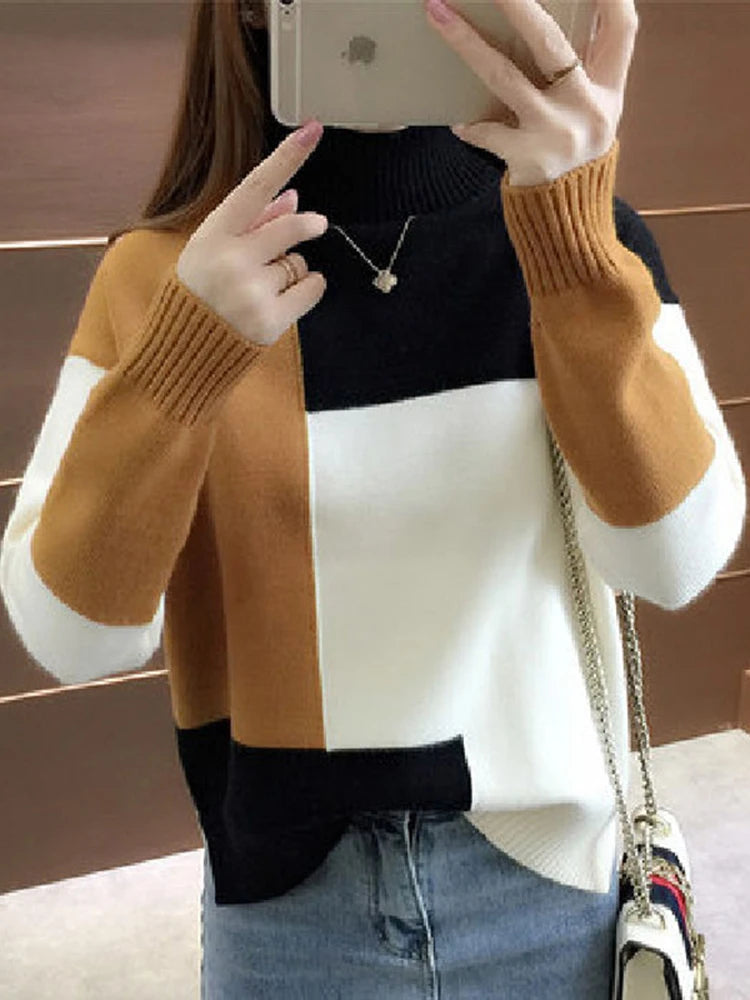 Women Pullover Sweater Autumn Loose O Neck Long Sleeve Knitted Thick Korean Fashion