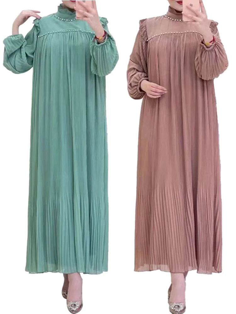 NEW Muslim Beads Pleated Dress Women Eid Mubarak Kaftan   Pakistani Arab Abayas