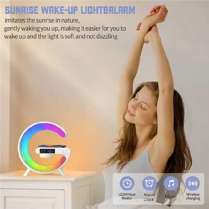 Multifunction 15W Wireless Charger Stand Pad RGB Light Alarm Clock Speaker For iPhone 15 14 13 12 Samsung Fast Charging Station
